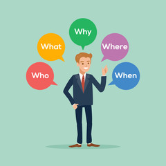 business man standing with various questions who what why where