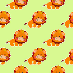 Seamless baby pattern with a cute little lion on a light green background