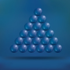 Transparent Soap Bubbles in Pyramid on Blue Background.