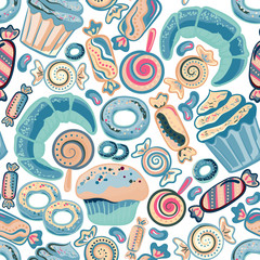 Pastry hand drawn seamless pattern. Doodle collection confections. Colorful background