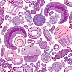 Naklejka premium Pastry hand drawn seamless pattern. Doodle collection confections. Colorful background
