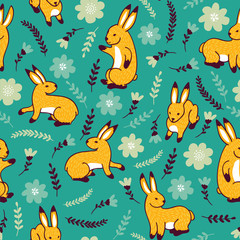 Vector seamless pattern with rabbits and flowers.