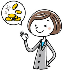 イラスト素材：ビジネス　スーツの女性　ポイント　コイン
