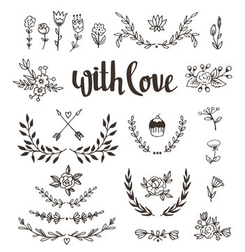 Set isolated hand drawn design elements with stylish lettering "with love". Wedding, marriage, save the date, Valentine's day. Stylish simple floral design. Vector illustration.