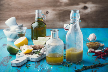 Vinaigrette and ingredients, salad dressing with oil, vinegar 