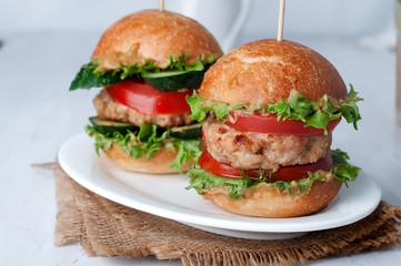 homemade hamburger with fresh vegetables. Closeup
