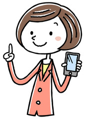 イラスト素材：ビジネス　スーツの女性　スマートフォン