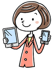イラスト素材：ビジネス　スーツの女性　　スマートフォンとタブレット