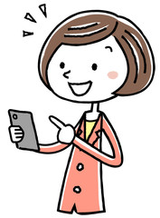 イラスト素材：ビジネス　スーツの女性　　スマートフォン　操作