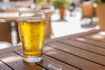 Glass of light beer on the wooden table.