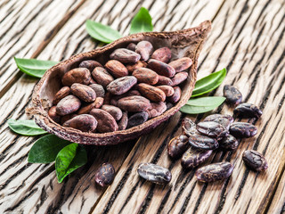 Cocoa pod and Cocoa beans on the wooden table.