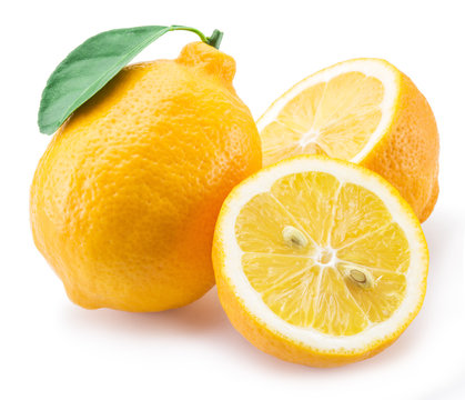 Ripe lemon fruits on the white background.
