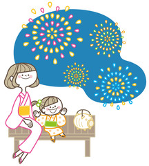 浴衣　親子　花火