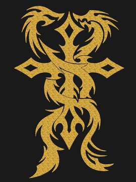 Gold cross and dragons illustration