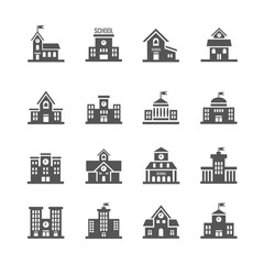 Fototapeta premium School building vector icons set. Urban school architecture and structure school institution illustration
