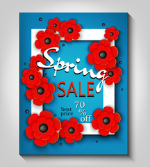 3d vector illustration. Frame with voluminous flowers. Spring banner. Discounts, super sale, 70% off, best price, marketing, advertising, business. Handmade. Vector background.
