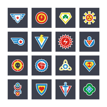 Superhero color vector badges, emblems, logos. Superhero badge icon, power and protect insignia for superhero illustration