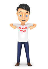 3d man in love with hearts on a white background