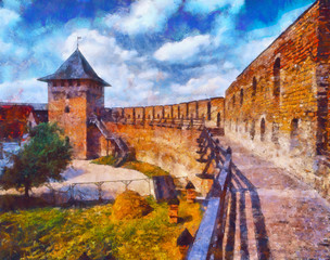Inner space of medieval castle in Lutsk, Ukraine. Impressionism. Digital imitation of impressionist oil painting.