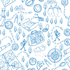 Hand drawn seamless pattern, maps,  picnic, travel, hiking and camping