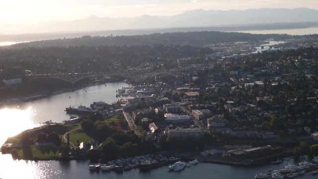 Seattle Aerial Gasworks Park, Fremont, Ballard, Olympic Mountains