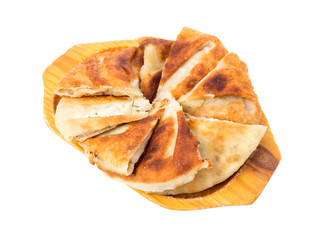 Delicious sliced puff pie with curd cheese.