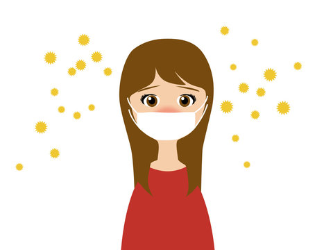 Flat illustration of a woman wearing a medical mask in trouble with virus