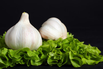 garlic on the lettuce on black background close-up
