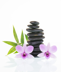 Black zen stones with orchids and bamboo leaves 