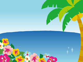 Fototapeta na wymiar Illustration of the sandy beach. / Palm tree and hibiscus.