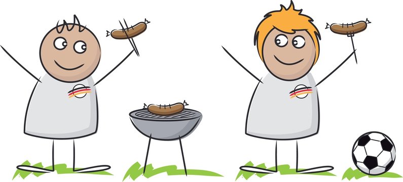 EM 2016 Cartoon Comic f&uuml;r Public viewing Flyer mit BBQ Grill und W&uuml;rstchen Fu&szlig;ball Fans grillen drau&szlig;en zur Europameisterschaft.