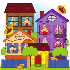 Fototapeta na wymiar home with the children in the windows - vector illustration, eps 