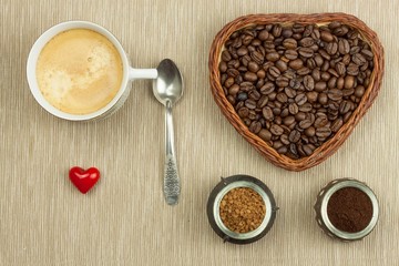 Roasted coffee beans on the kitchen table. Fresh coffee. Preparation of hot coffee. Refreshing drink. Sales of coffee beans. Advertising for coffee shop. We love fresh coffee.
