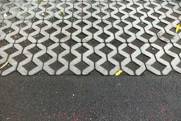 Concrete brickwork beside the asphalt walkway.