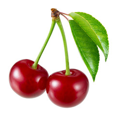 Sweet ripe cherry with leaves isolated on white.