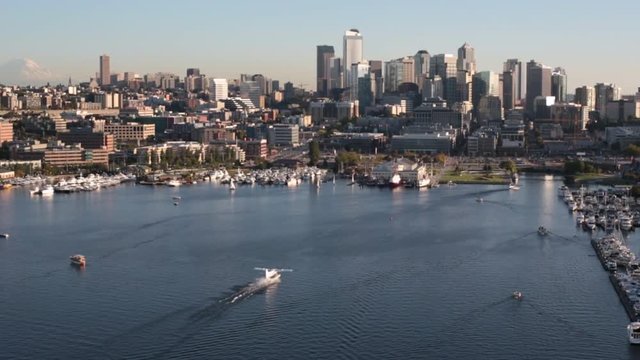 Aerial Seattle Lake Union and Downtown View Float Plane Landing in Water