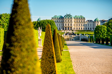 View on Upper Belvedere palace with park alley in Belvedere historic building complex in Vienna.