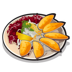 Seafood and salad, tasty icon food for design 