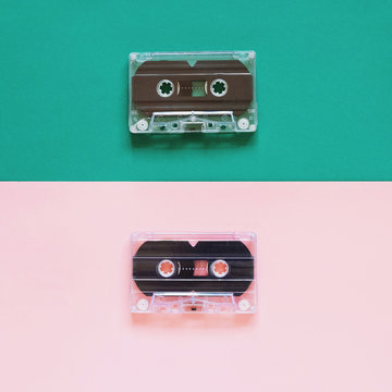 Retro cassette tape on pastel color background, minimal style