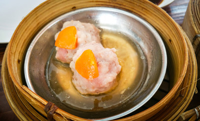 dim sum in bamboo steamer, chinese cuisine