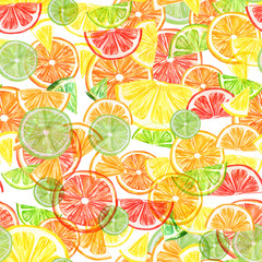 Акварельный паттерн, фон - цитрус, фруктовые дольки апельсина, лимона, лайм, грейпфрут