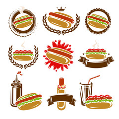 Hot dog stamps and labels set. Vector