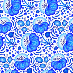Seamless floral pattern in Gzhel style with blue flowers