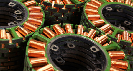 Stacks of stators from old disassembled brushless electric motors