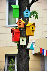 Colorful birdhouses on a tree