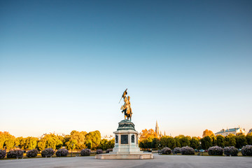 Naklejka premium Archduke Charles statue on Helden square in Vienna at the morning. Wide angle image with copy space