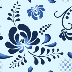 Blue Vector Seamless Floral Pattern in national russian Gzhel style.