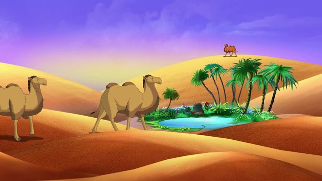Bactrian Camels  walking in the desert. Handmade Animation in UHD.