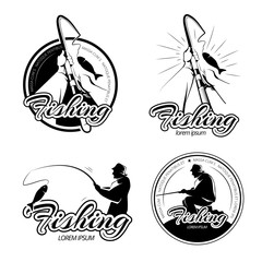 Vintage fishing vector logos, emblems, labels set