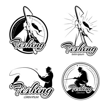 Vintage fishing vector logos, emblems, labels set